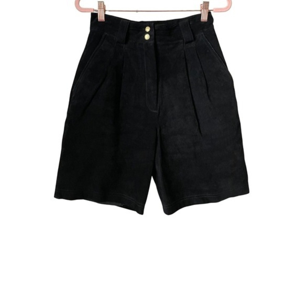 Vintage 90s Suede Leather High Waisted Pleated Shorts Erez Levy Black Gold 8